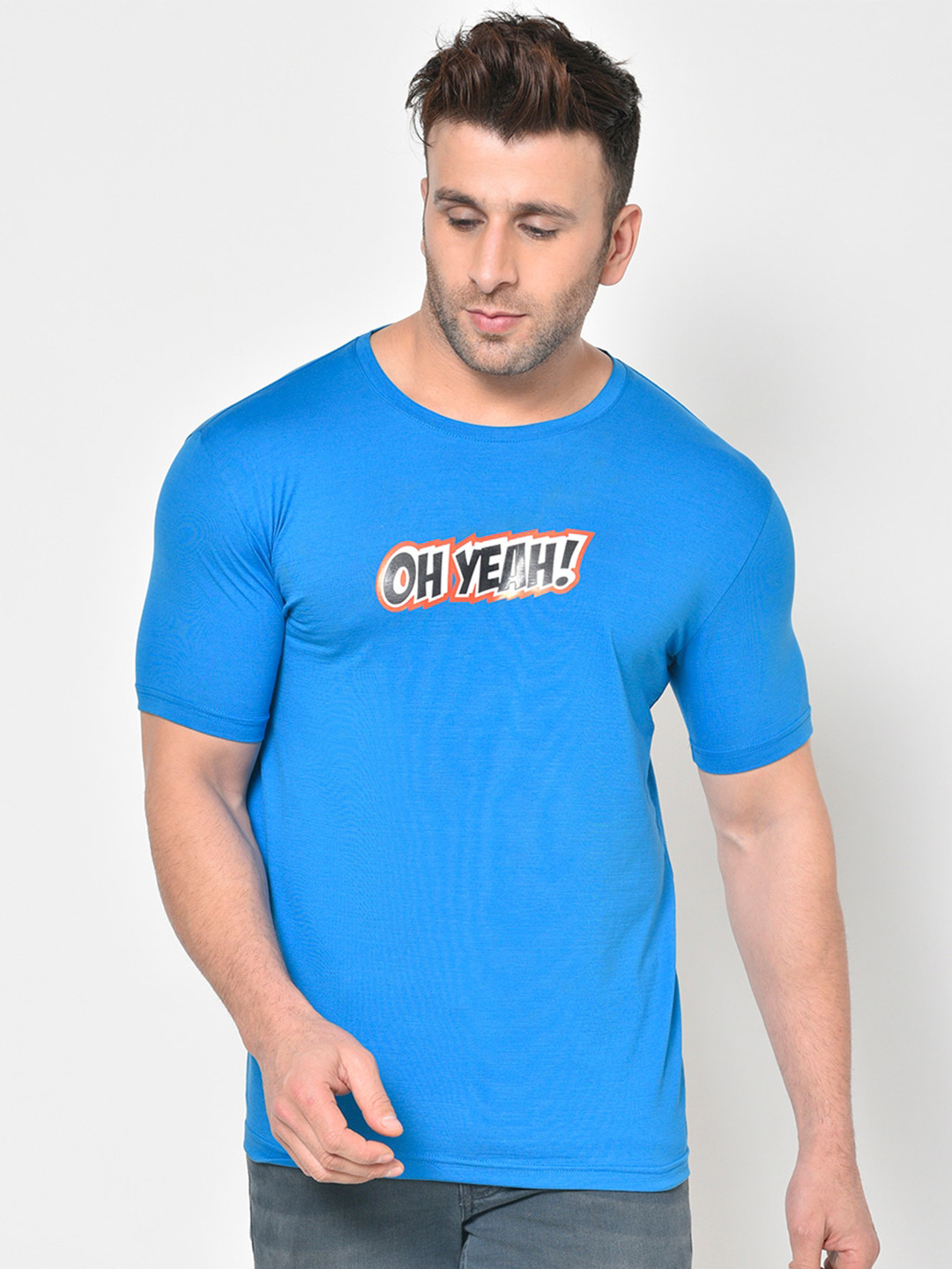 

PERFKT-U Typography Printed Round Neck T-shirt, Blue