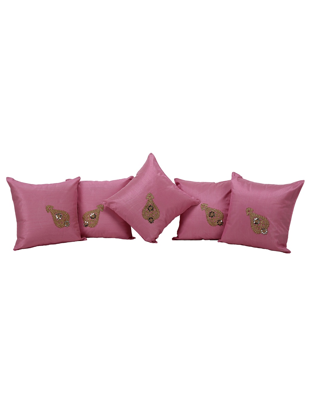 

Clasiko Pink & Gold-Toned 5 Pieces Embellished Silk Square Cushion Covers