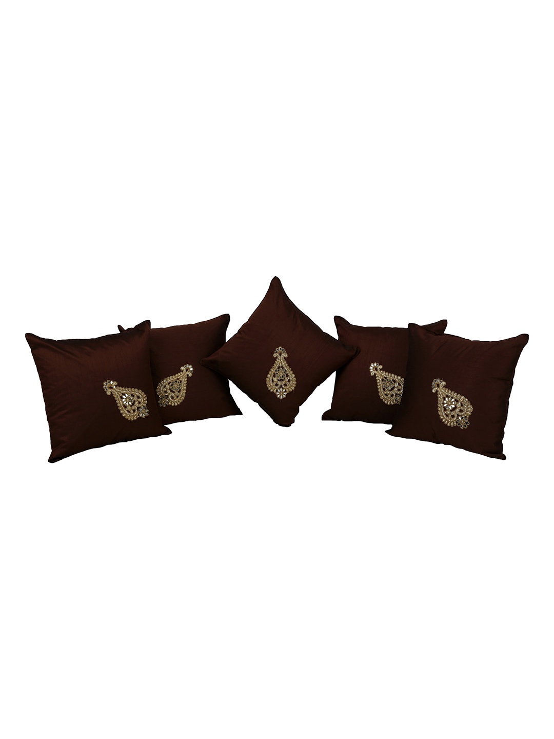 

Clasiko Brown & Gold-Toned 5 Pieces Embellished Silk Square Cushion Covers