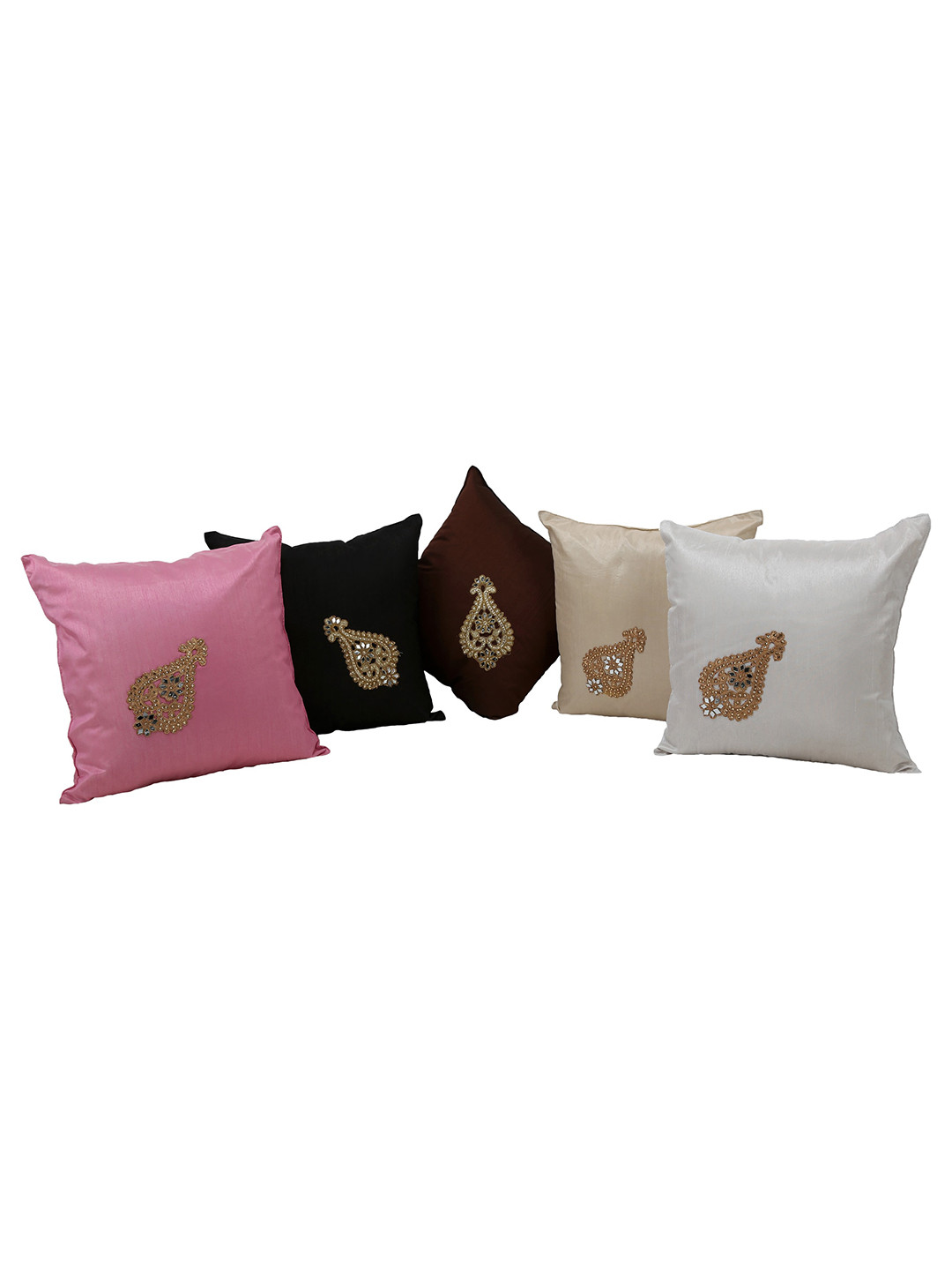 

Clasiko Pink & White 5-Pieces Embellished Silk Square Cushion Covers