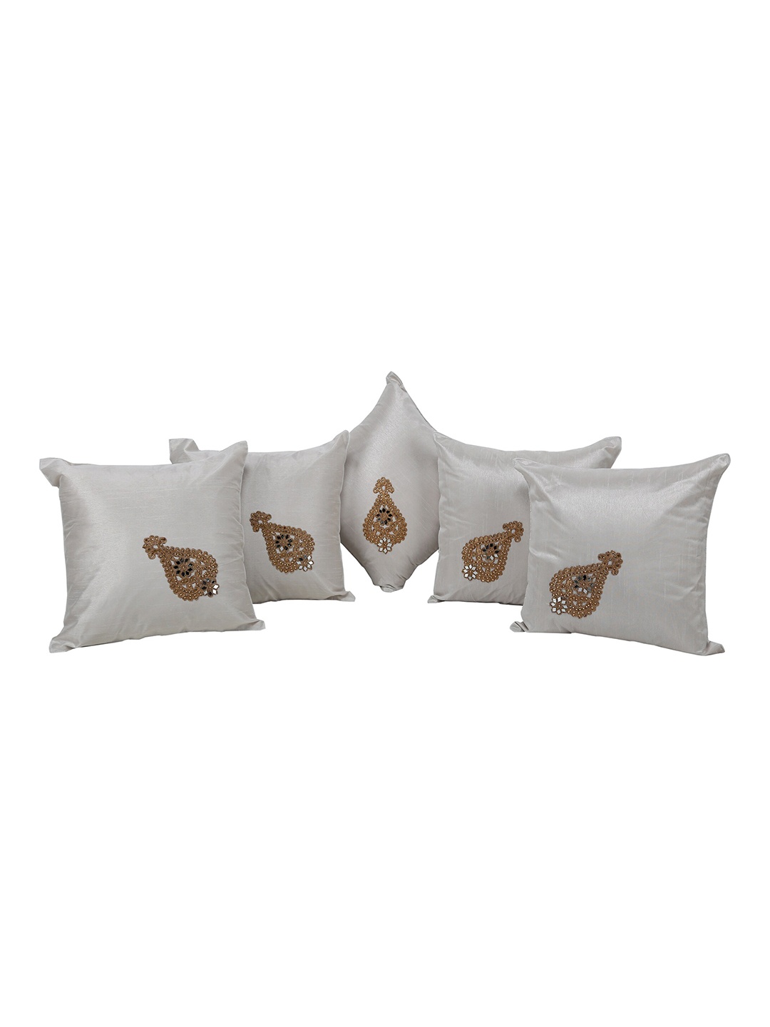 

Clasiko White & Gold-Toned 5-Pieces Embellished Silk Square Cushion Covers