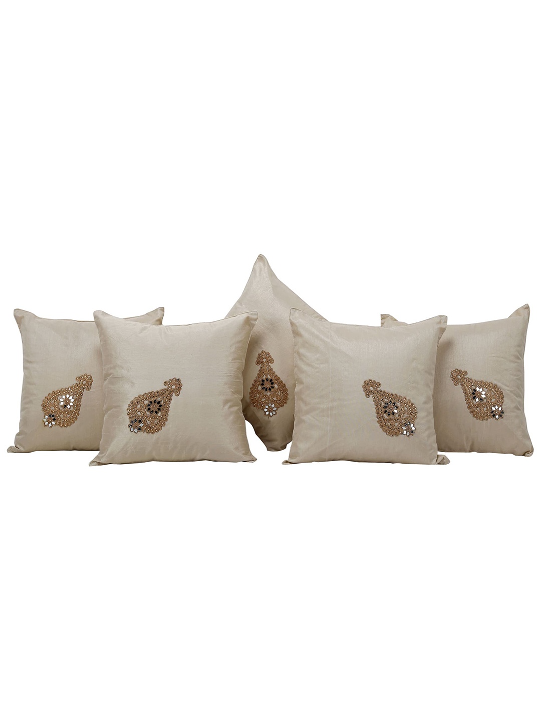 

Clasiko Beige & Gold-Toned 5 Pcs Embellished Silk Square Cushion Covers