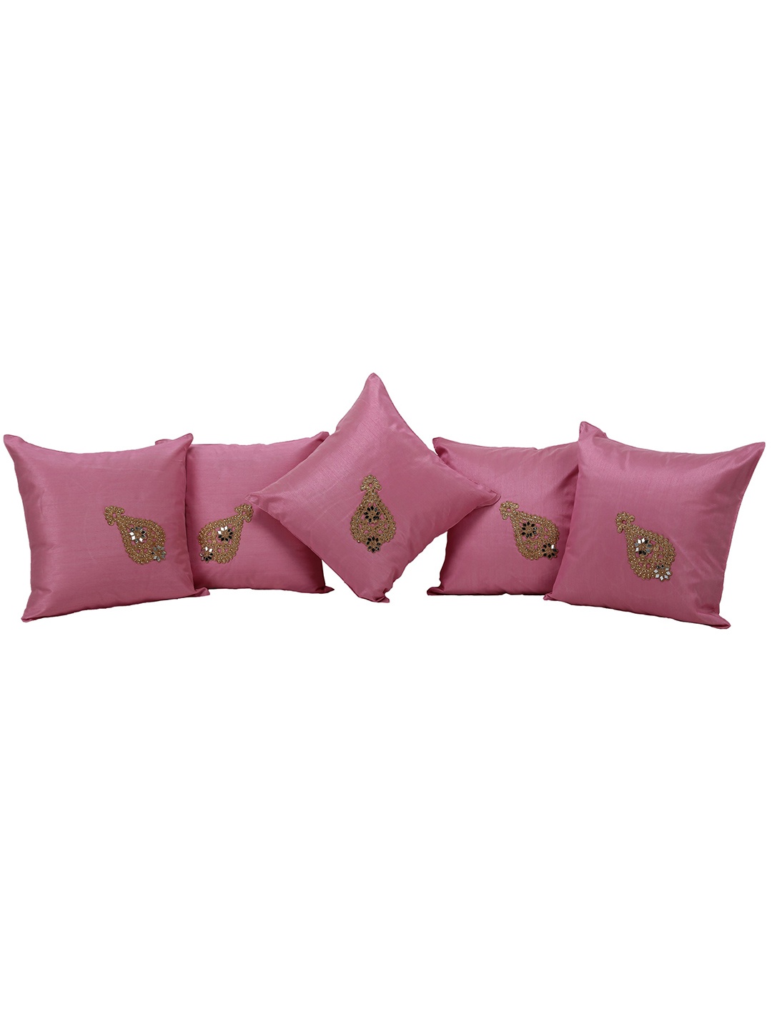 

Clasiko Pink & Gold-Toned 5 Pcs Embellished Silk Square Cushion Covers