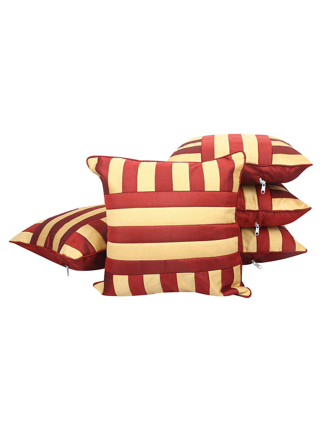 

Clasiko Maroon & Cream-Coloured 5 Pcs Striped Silk Square Cushion Covers