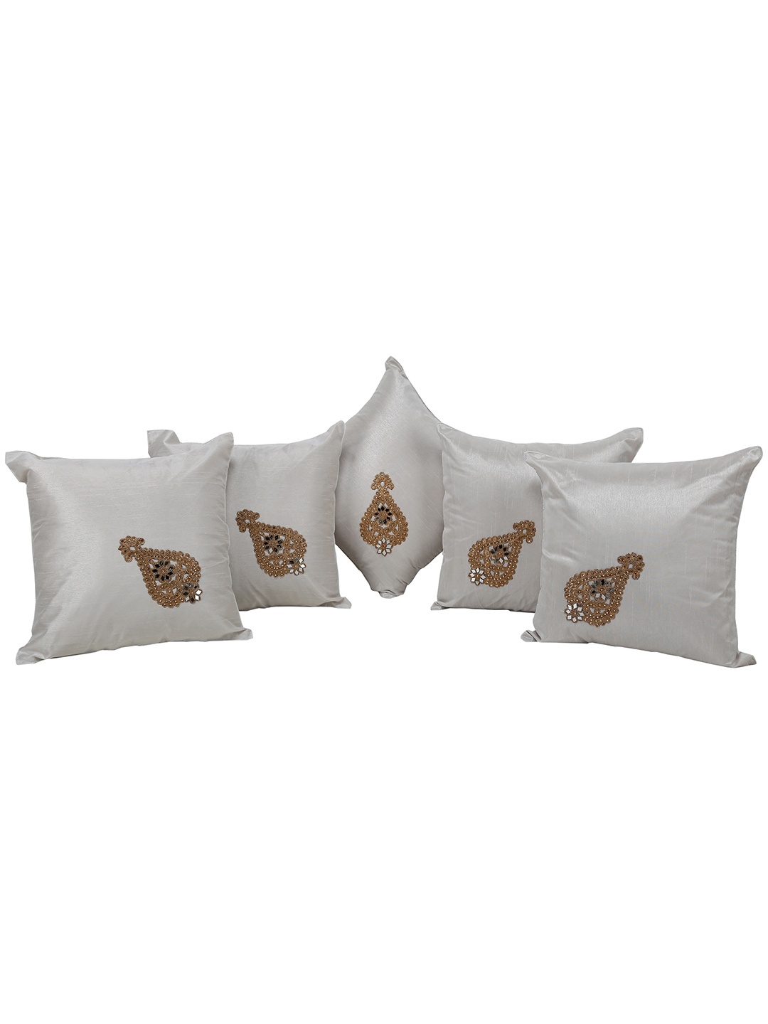 

Clasiko White & Gold-Toned 5-Pieces Embellished Silk Square Cushion Covers