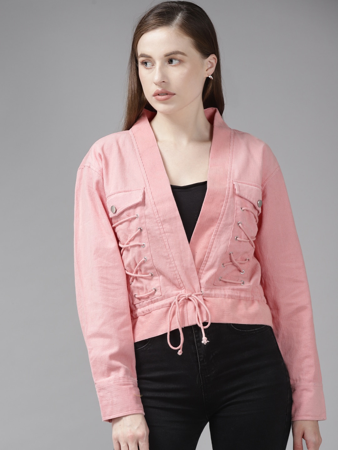 The Dry State Women Corduroy Crop Tailored Jacket, Peach