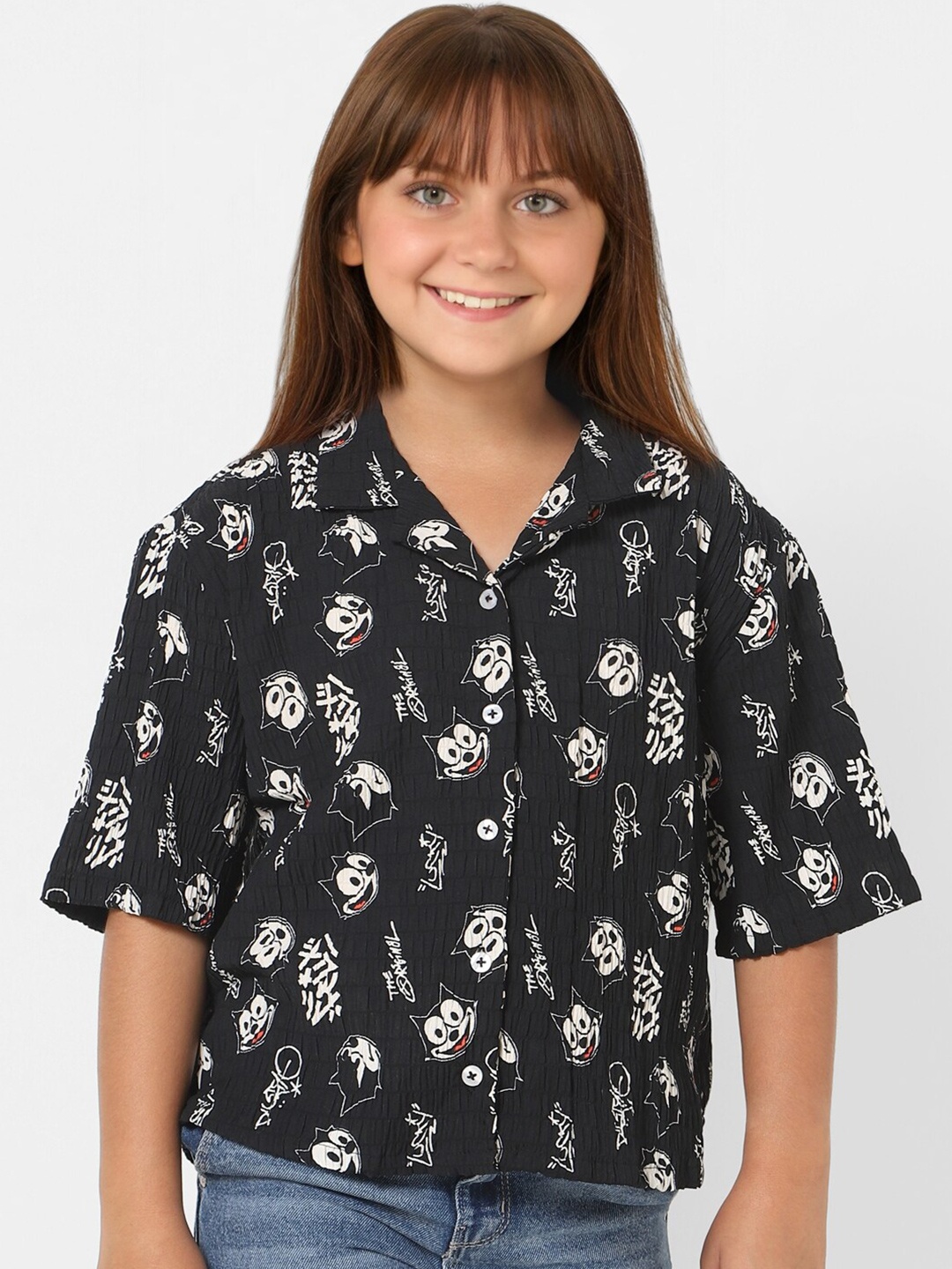 

KIDS ONLY Girls Graphic Printed Casual Cotton Shirt, Black