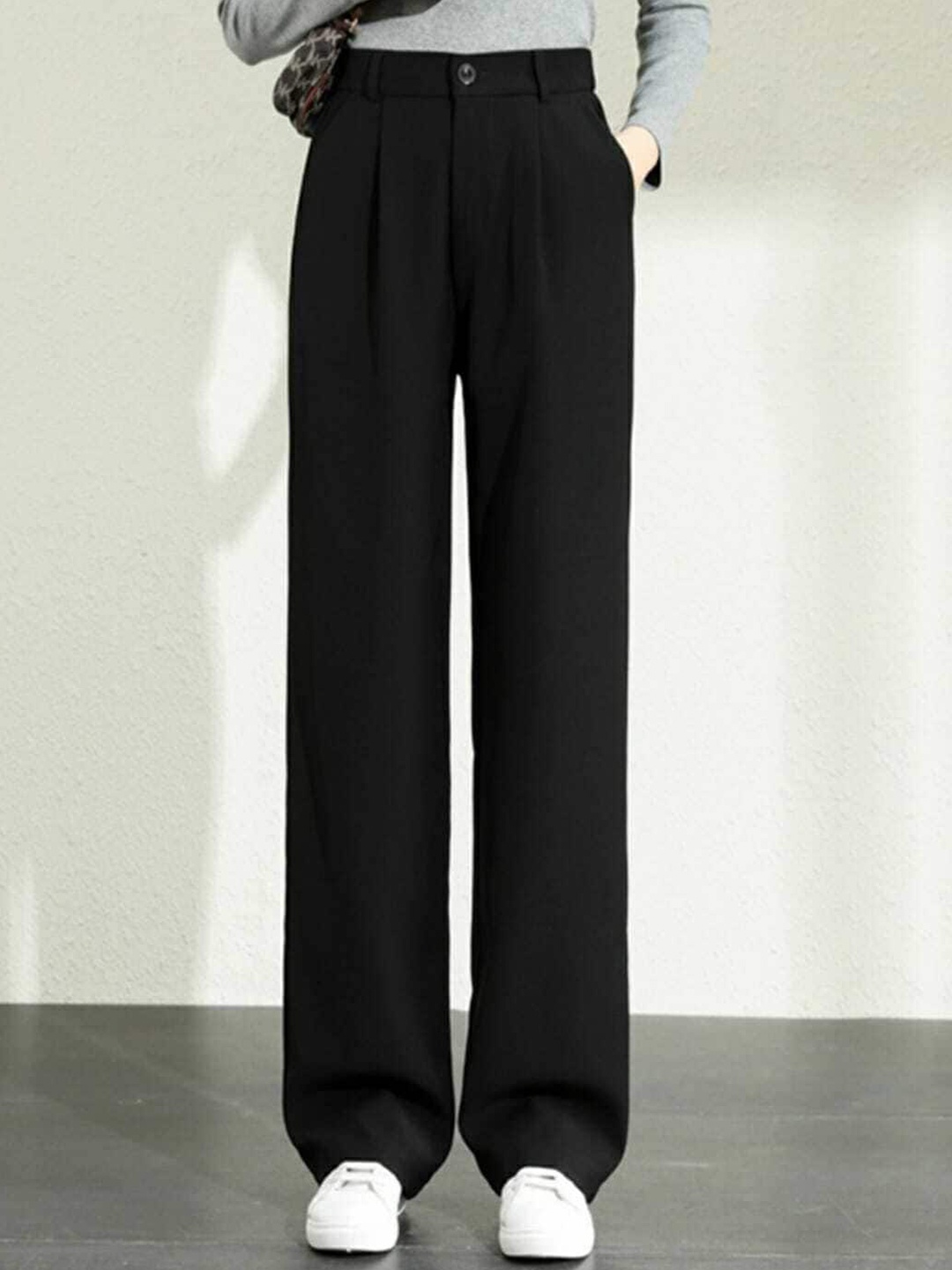 

BROADSTAR Women High Rise Tailored Loose Fit High-Rise Easy Wash Trousers, Black