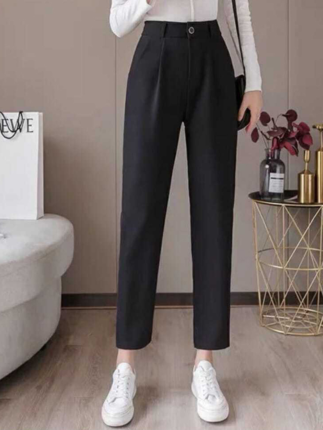 

BROADSTAR Women Smart Slim Fit High-Rise Easy Wash Trousers, Black