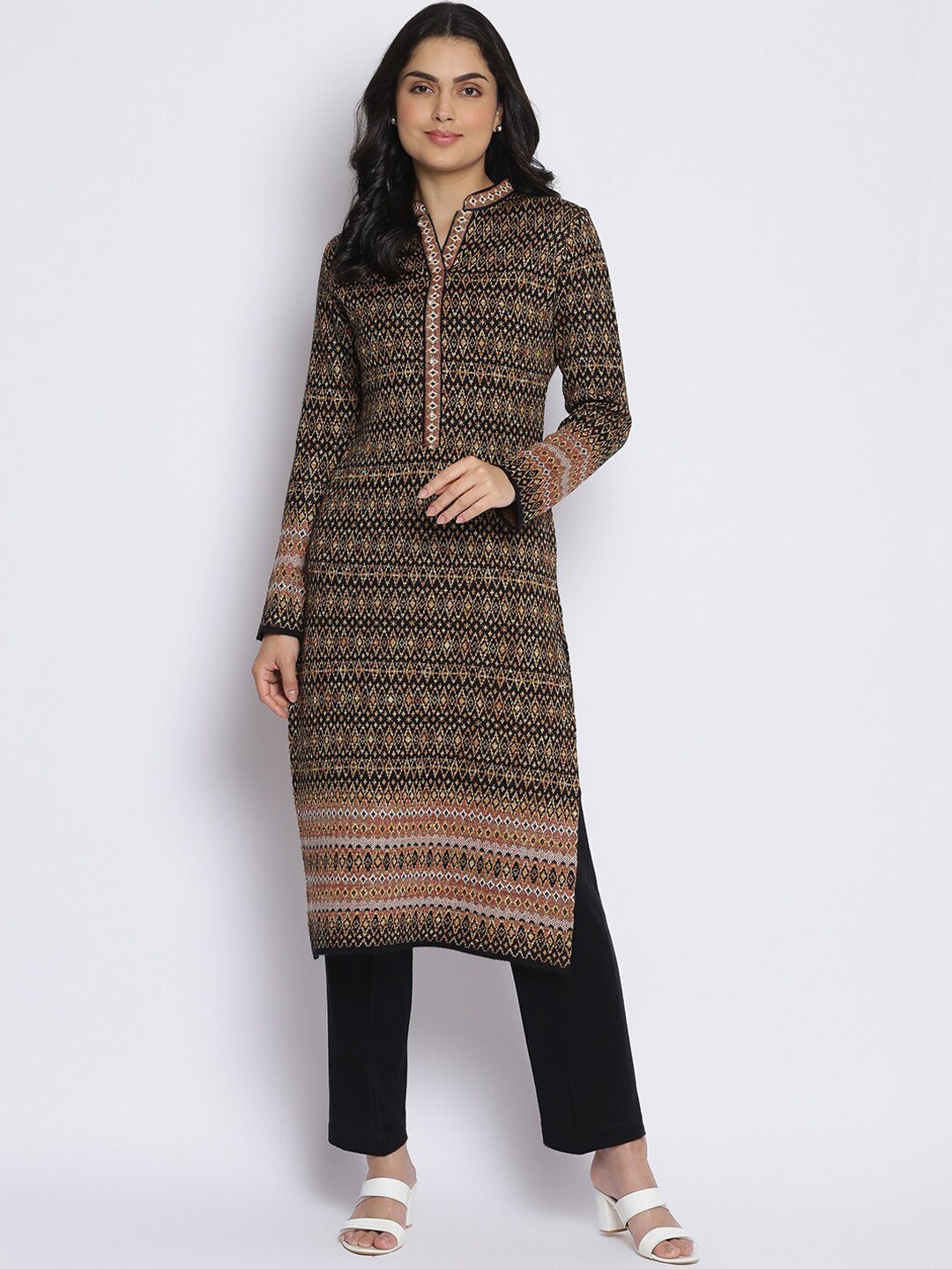 

MIKHAD Band Collar Woven Design Acrylic Straight Kurta With Trousers, Black