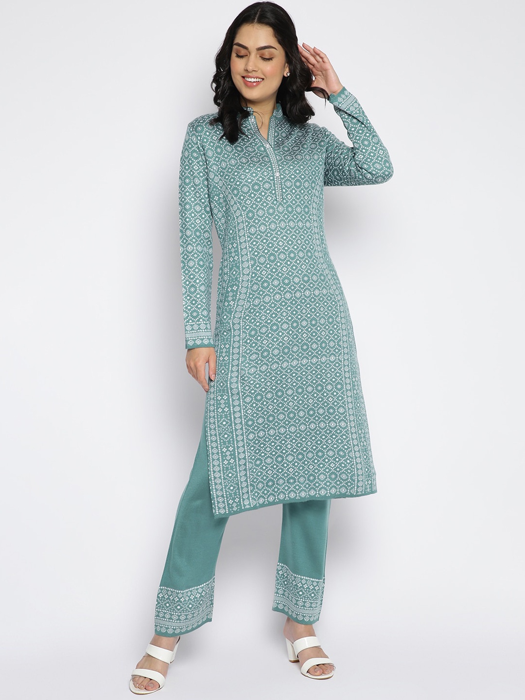 

MIKHAD Ethnic Motifs Printed Jacquard Kurta, Turquoise blue