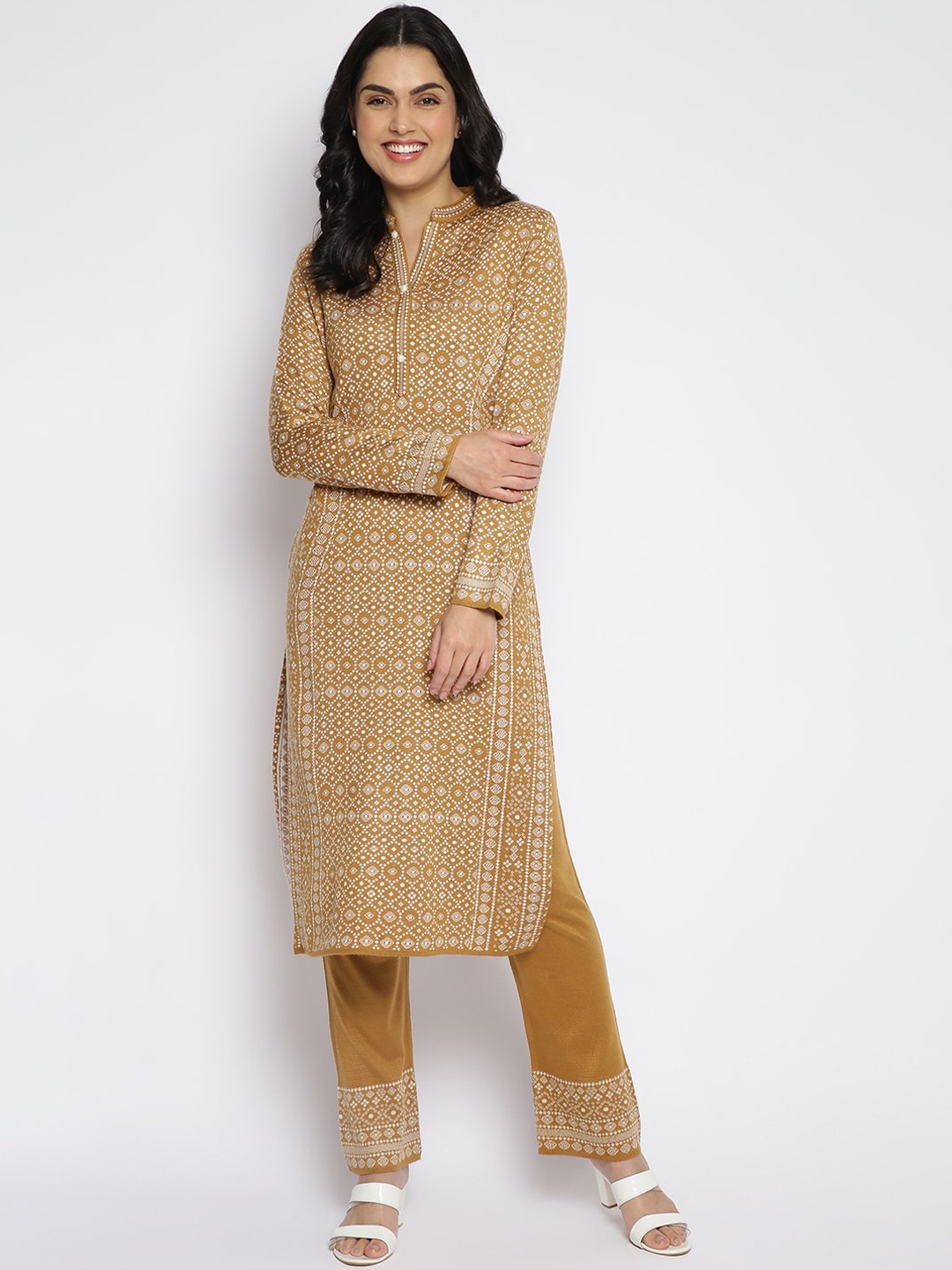 

MIKHAD Ethnic Motifs Knitted Woollen Kurta, Mustard