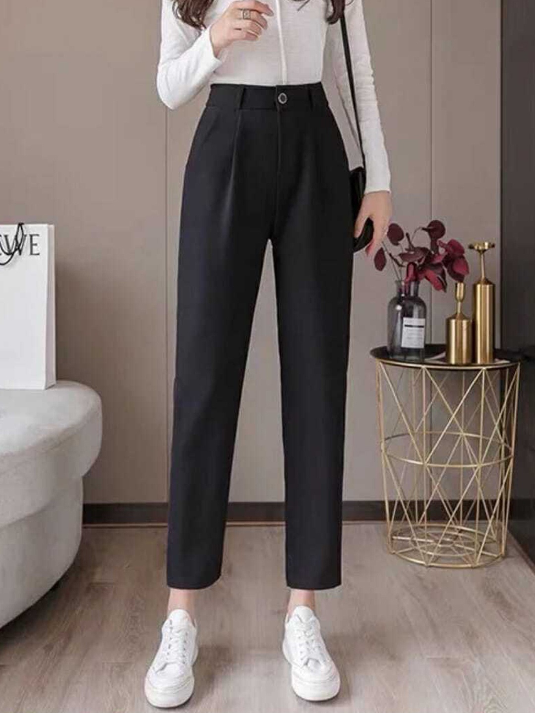 

Next One Women Smart Slim Fit High-Rise Easy Wash Trousers, Black