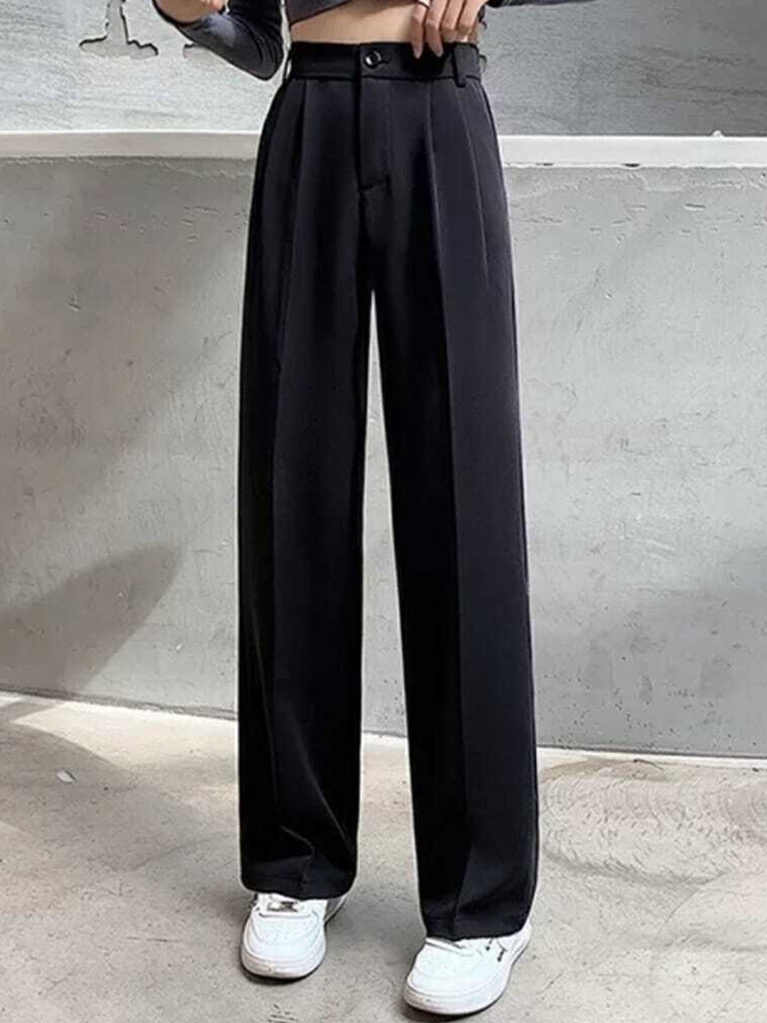 

Next One Women Tailored Loose Fit High-Rise Easy Wash Pleated Trousers, Black
