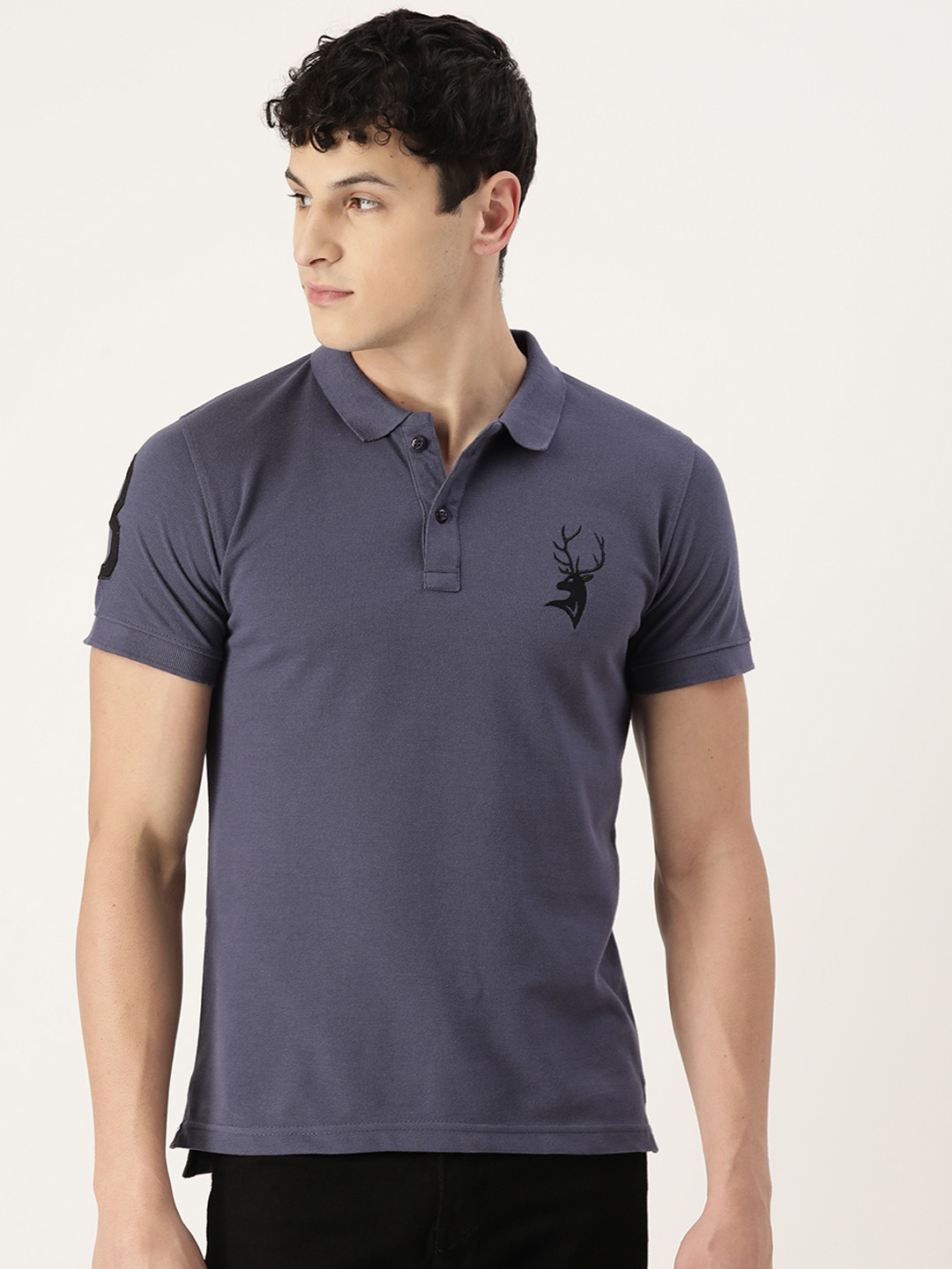 

PORTBLAIR Men Brand Logo Printed Polo Collar Slim Fit T-shirt, Blue