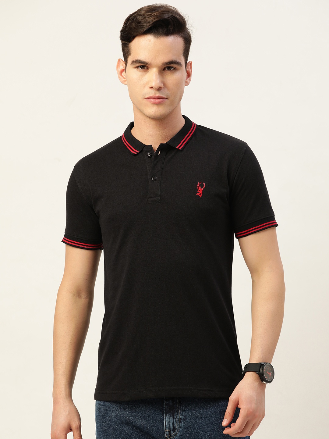 

PORTBLAIR Polo Collar Applique Slim Fit T-shirt, Black