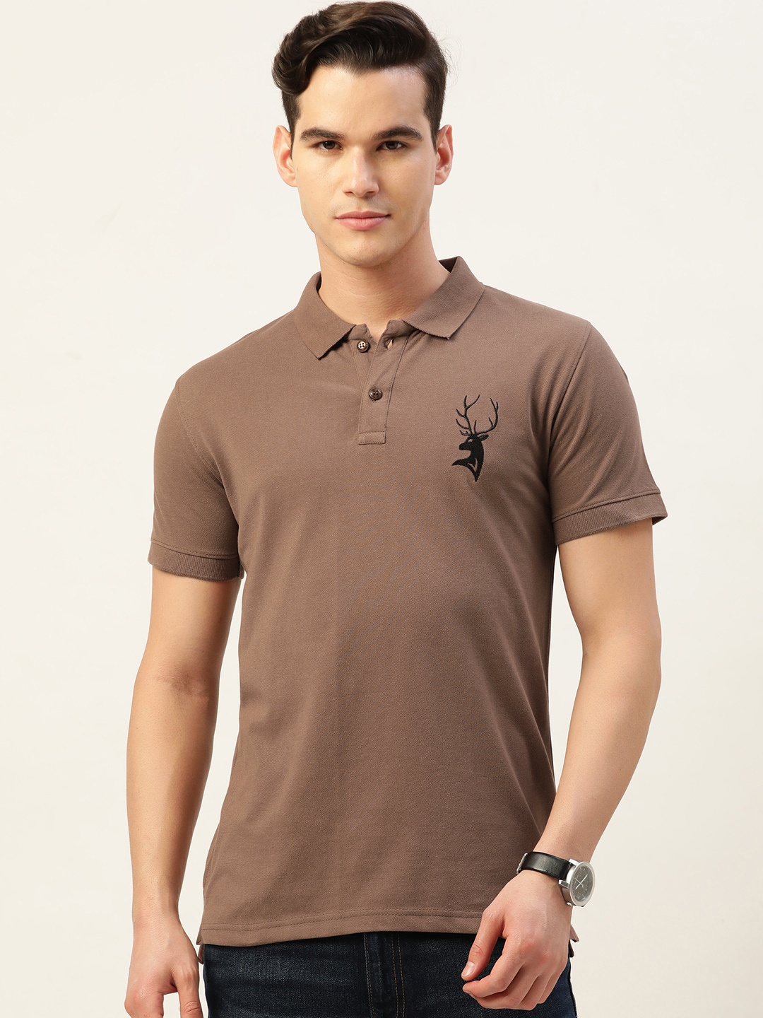 

PORTBLAIR Men Brand Logo Printed Polo Collar Slim Fit T-shirt, Brown