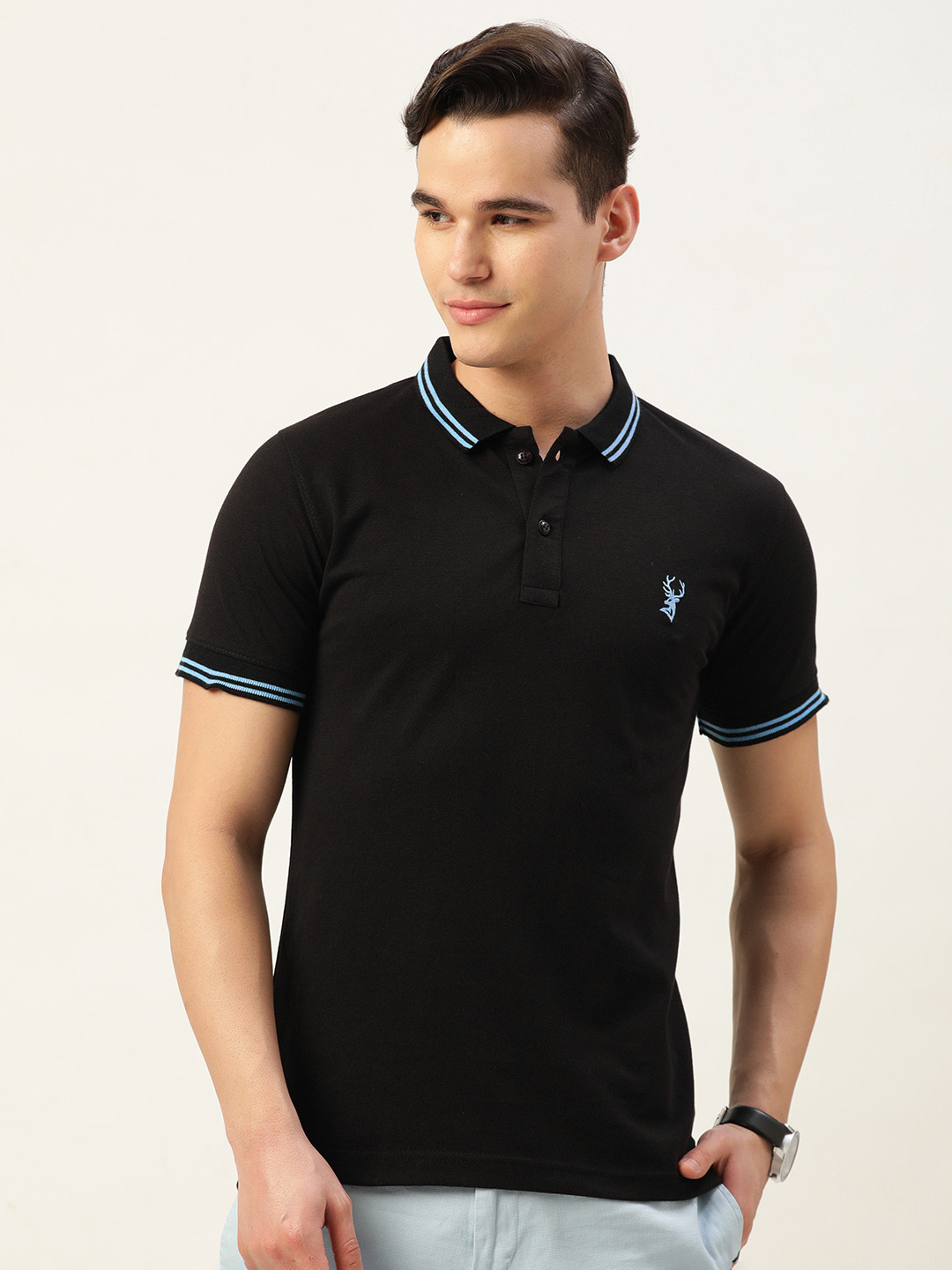 

PORTBLAIR Men Brand Logo Printed Polo Collar Slim Fit T-shirt, Black