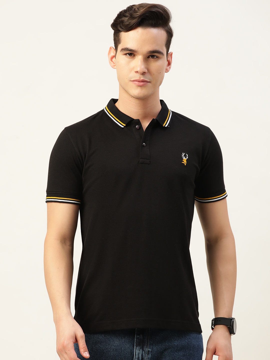 

PORTBLAIR Polo Collar Applique Slim Fit T-shirt, Black