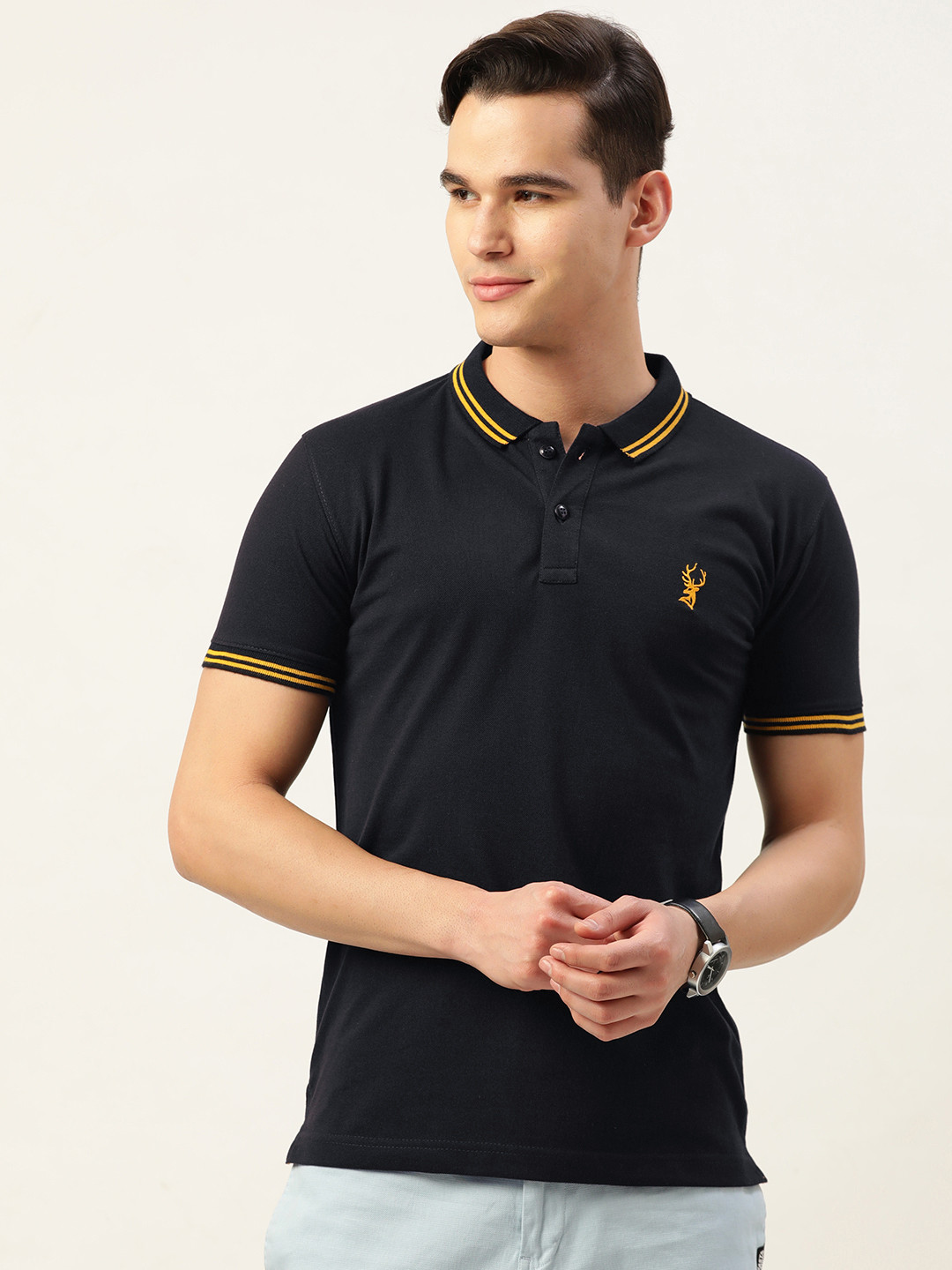 

PORTBLAIR Men Brand Logo Printed Polo Collar Slim Fit T-shirt, Navy blue