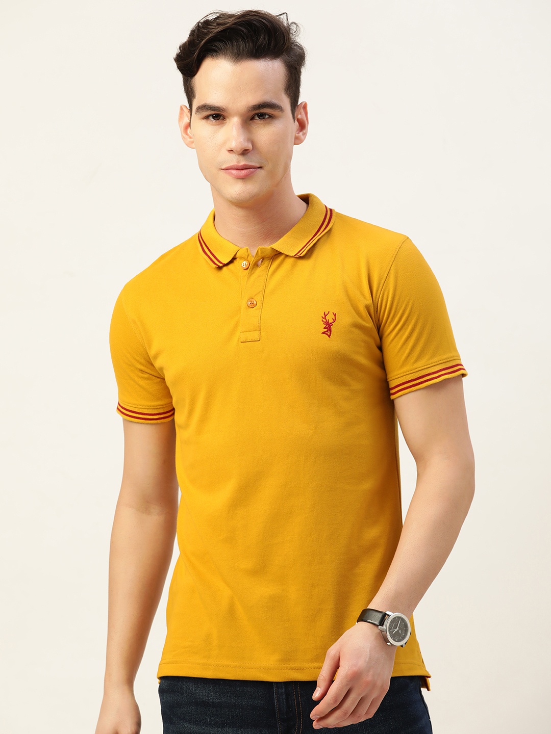 

PORTBLAIR Men Brand Logo Printed Polo Collar Slim Fit T-shirt, Mustard