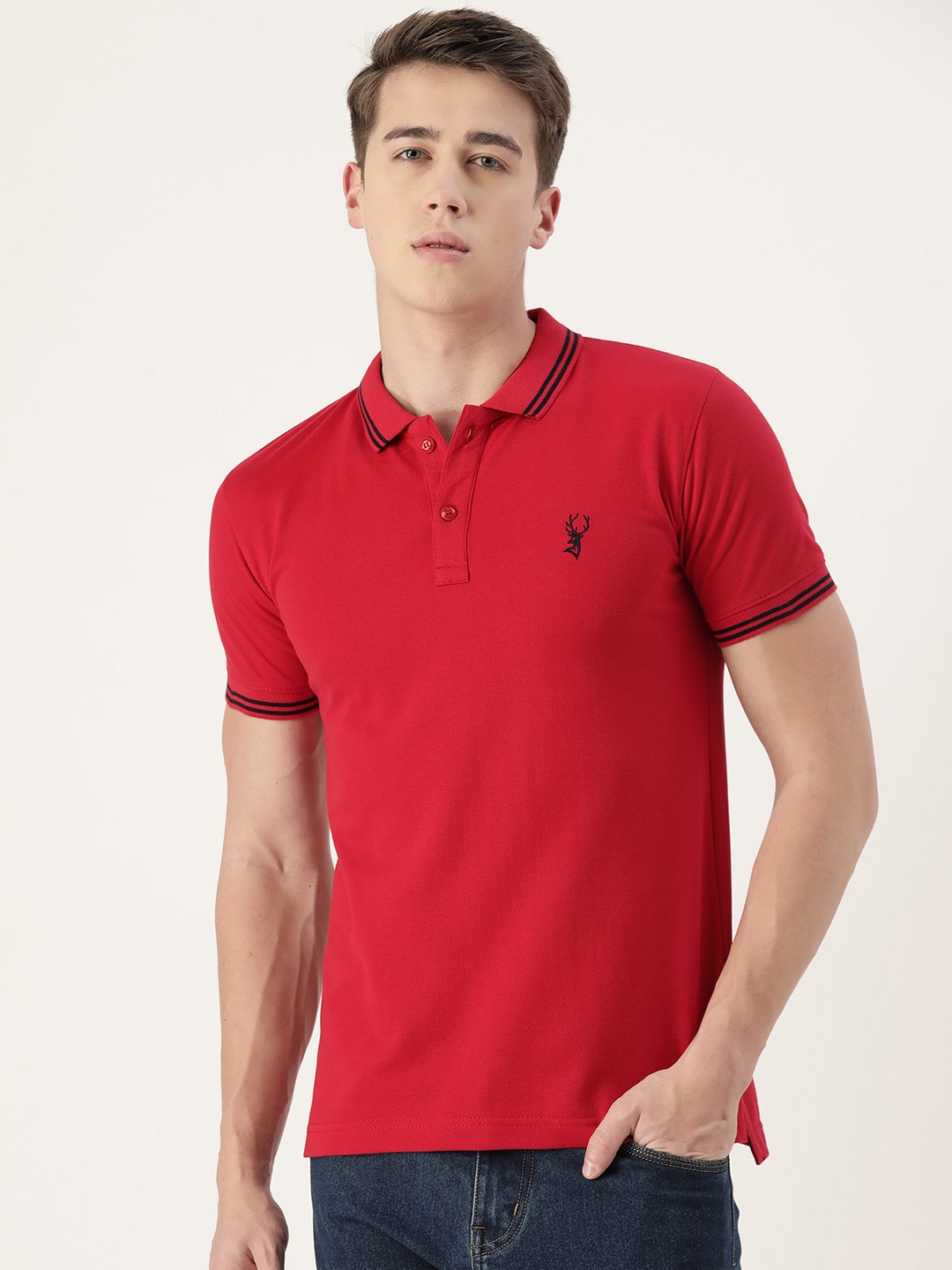 

PORTBLAIR Men Brand Logo Printed Polo Collar Slim Fit T-shirt, Red