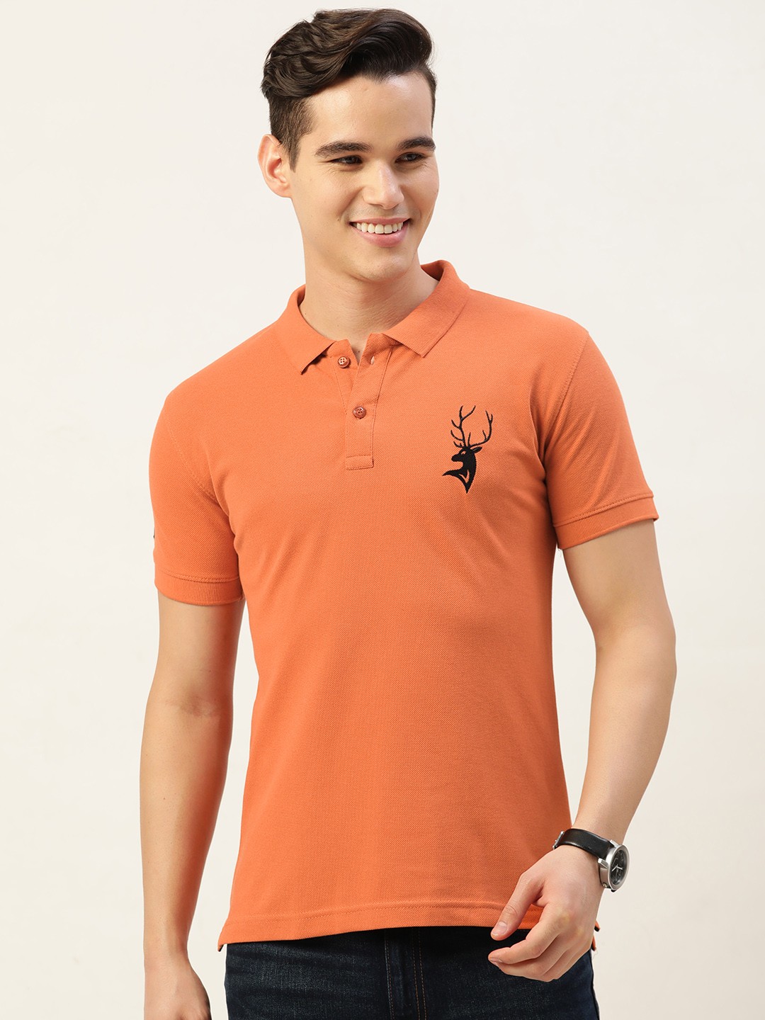 

PORTBLAIR Men Brand Logo Printed Polo Collar Slim Fit T-shirt, Orange