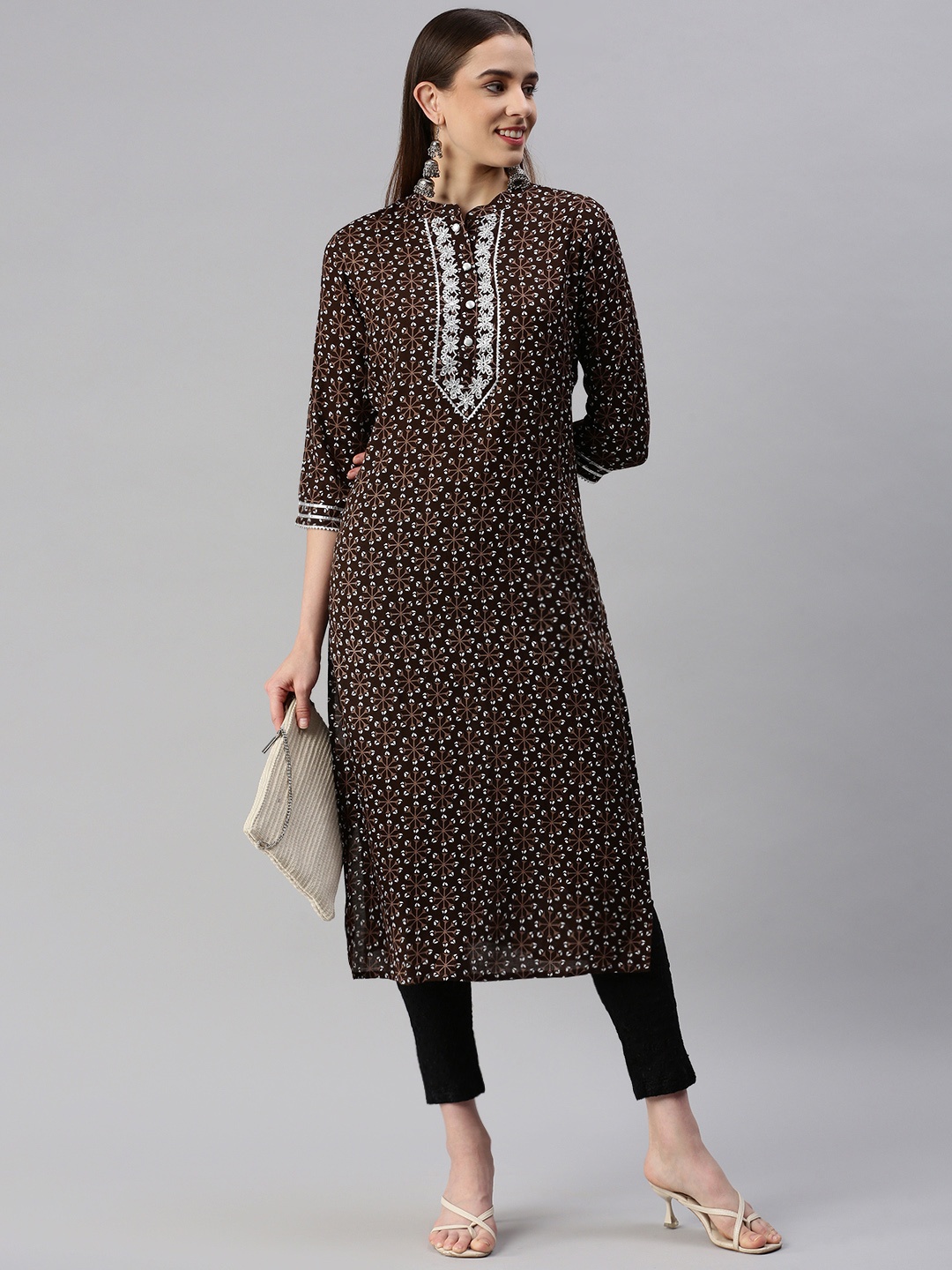 

kipek Ethnic Motifs Printed Gotta Patti Kurta, Brown