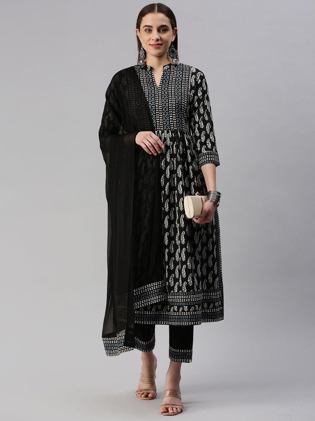 

kipek Ethnic Motifs Printed Pleated Sequinned A-Line Kurta With Trousers & With Dupatta, Black