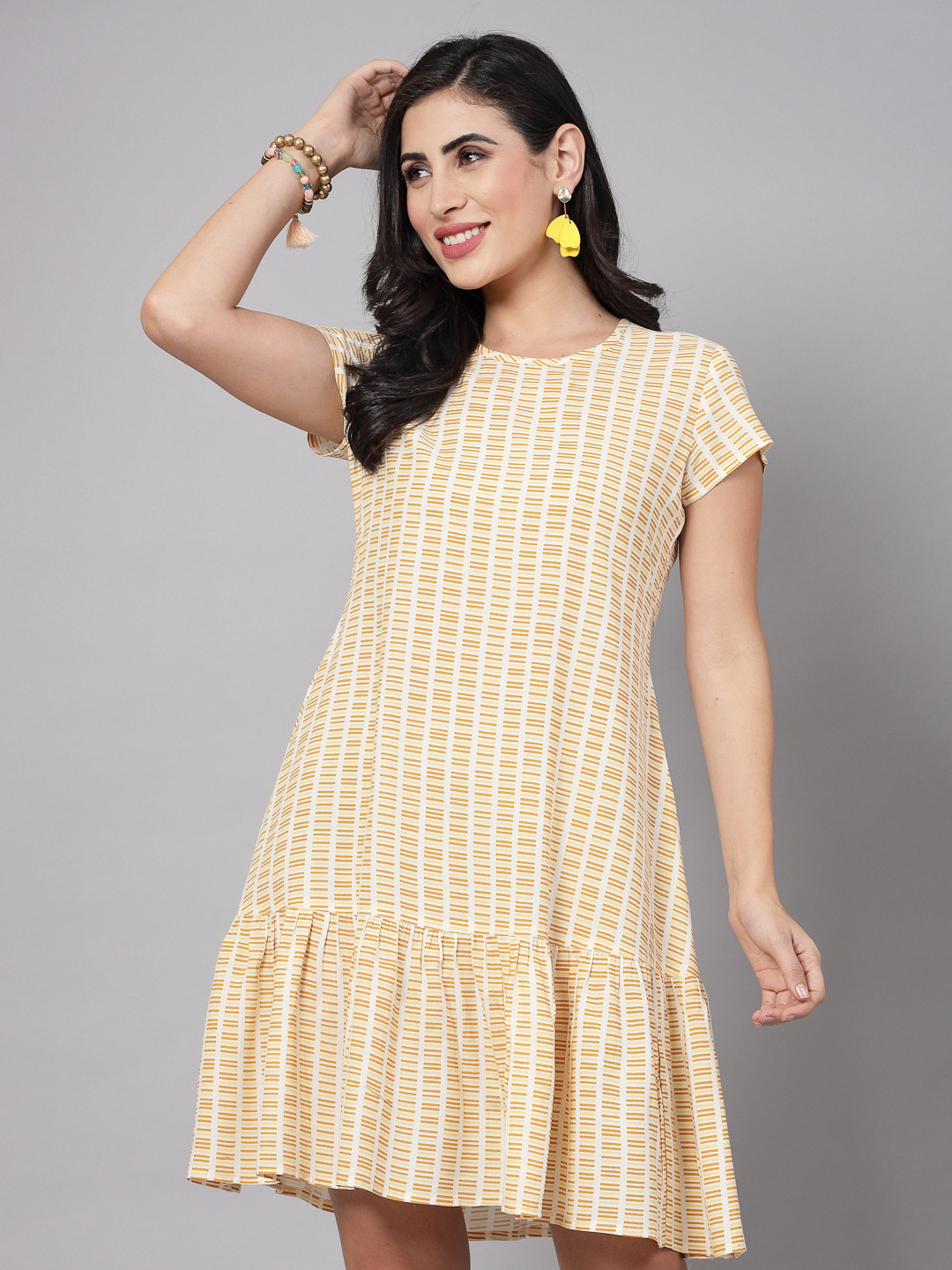 

kipek Geometric Printed Tiering A-Line Kurta, Cream