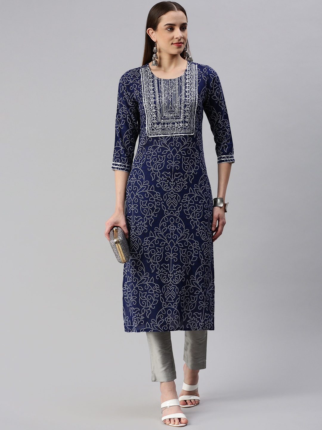 

kipek Bandhani Printed Straight Kurta, Navy blue