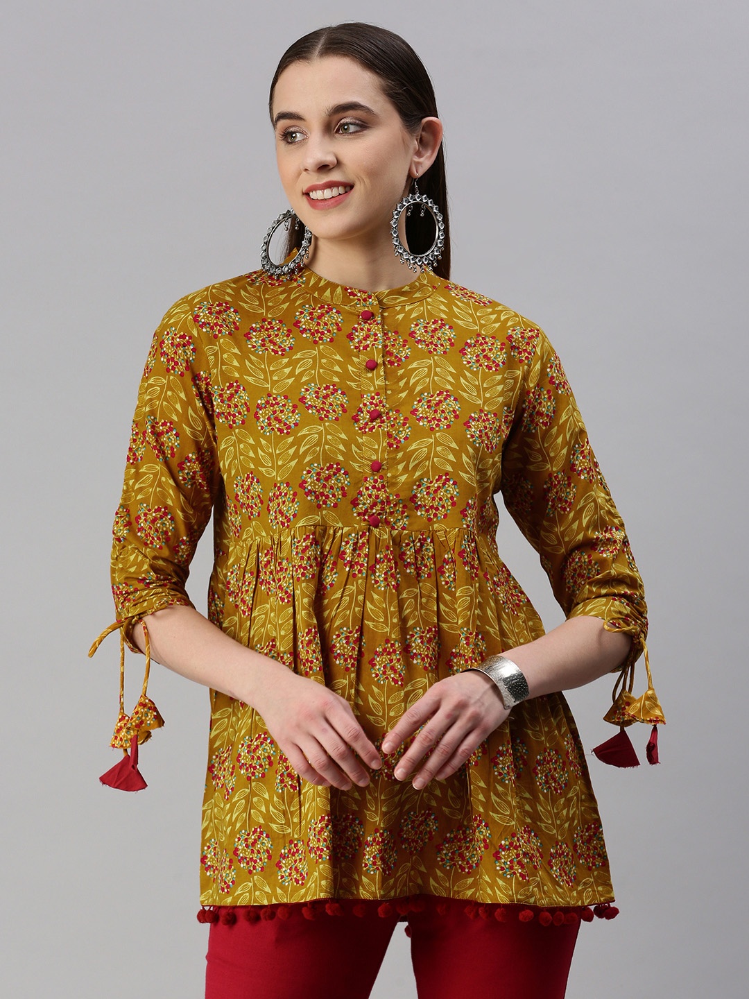 

kipek Floral Printed Pleated A-Line Kurti, Mustard