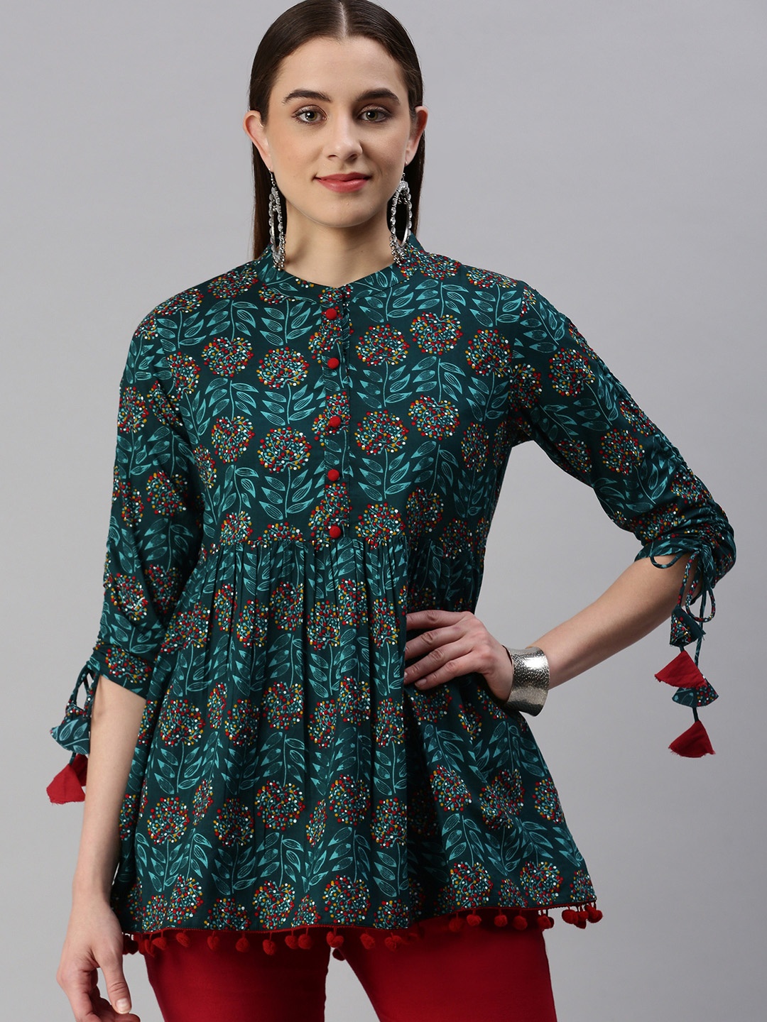 

kipek Floral Printed Pleated A-Line Kurti, Blue
