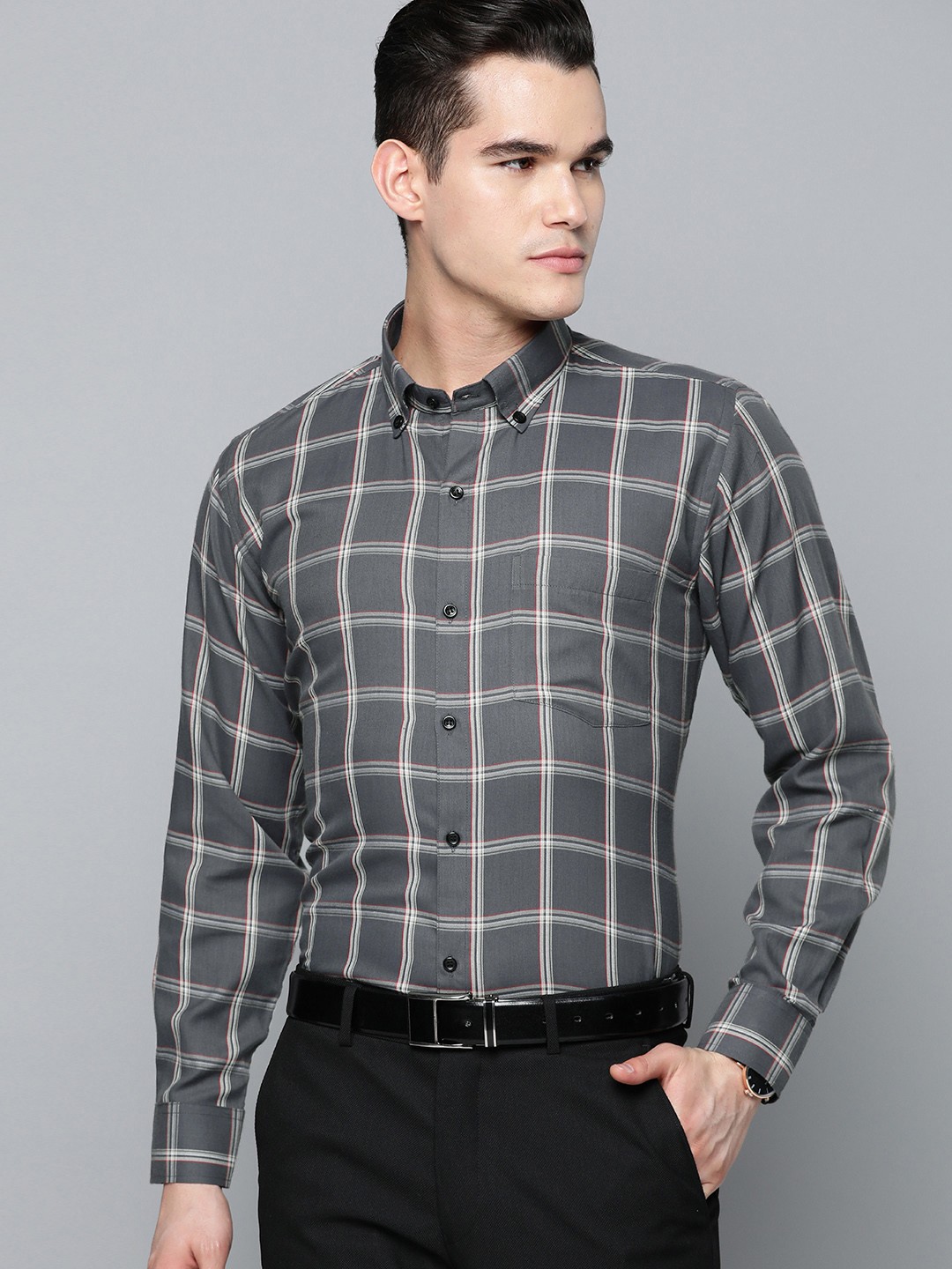 

DENNISON Men Smart Windowpane Checks Formal Shirt, Charcoal