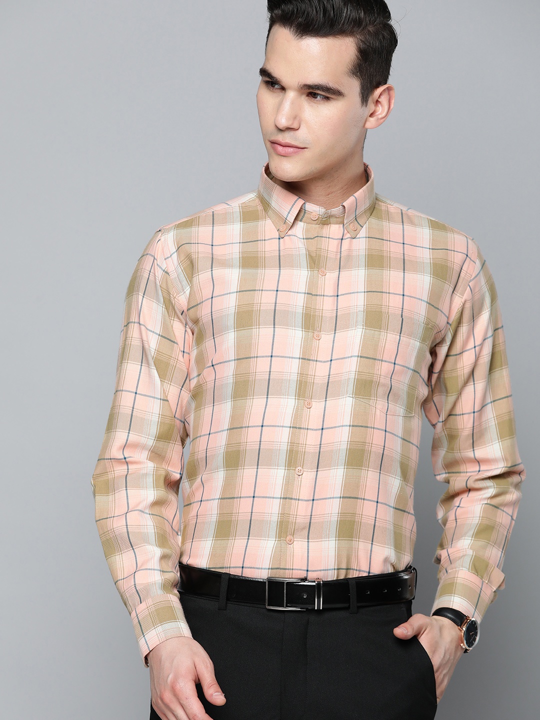 

DENNISON Men Smart Tartan Checks Formal Shirt, Peach