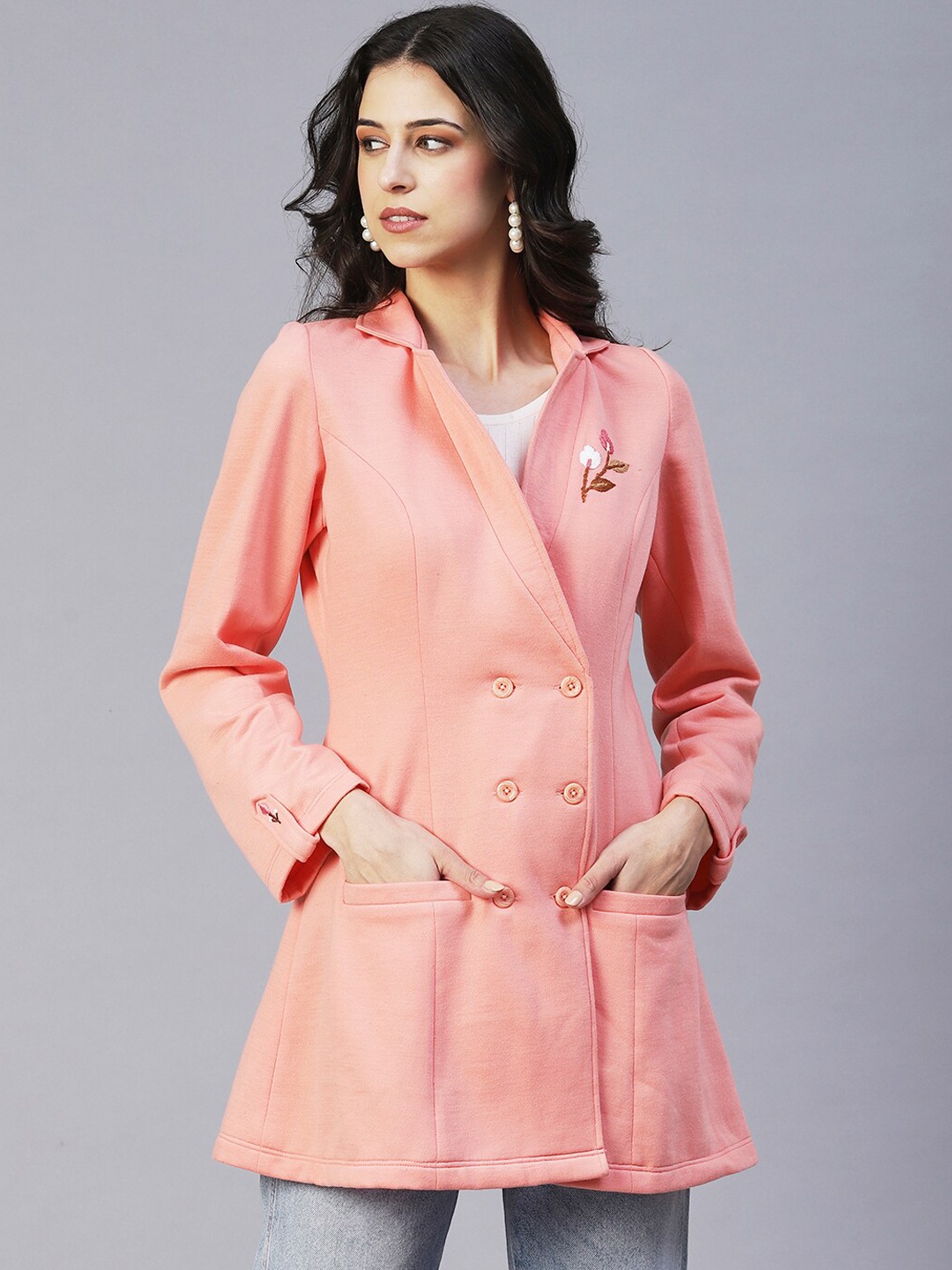 

FASHOR Windcheater Longline Tailored Jacket With Embroidery Details, Peach