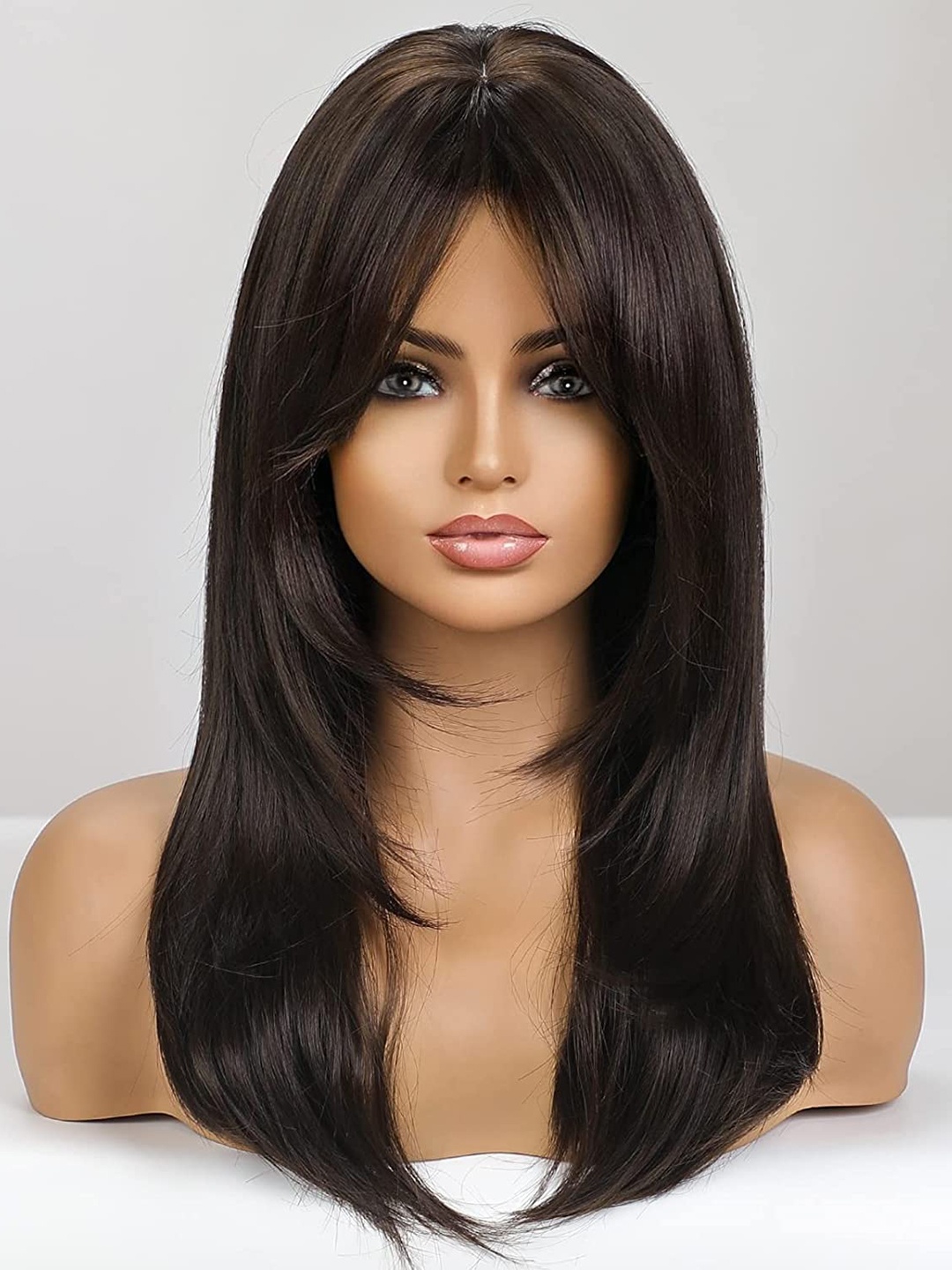 

CHANDERKASH Women Long Synthetic Nylon Bob Full Head Hair Wig with Bangs - Brown