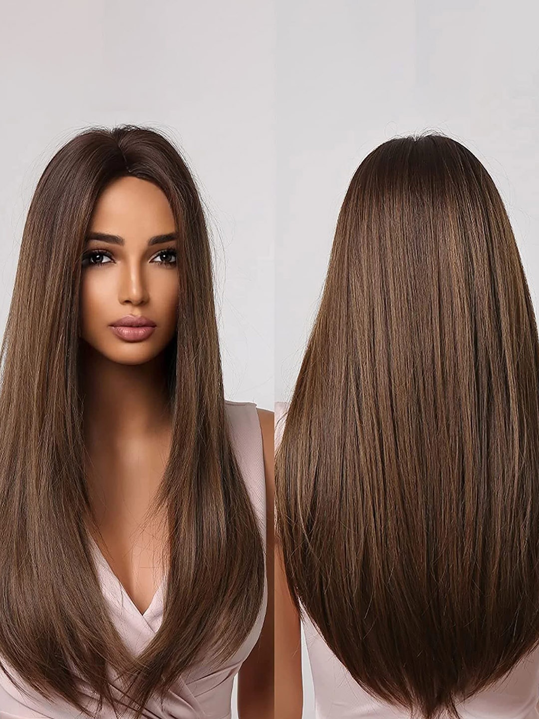 

CHANDERKASH Full Head Long Straight Layered Middle Parting Wig 24 Inches - Brown