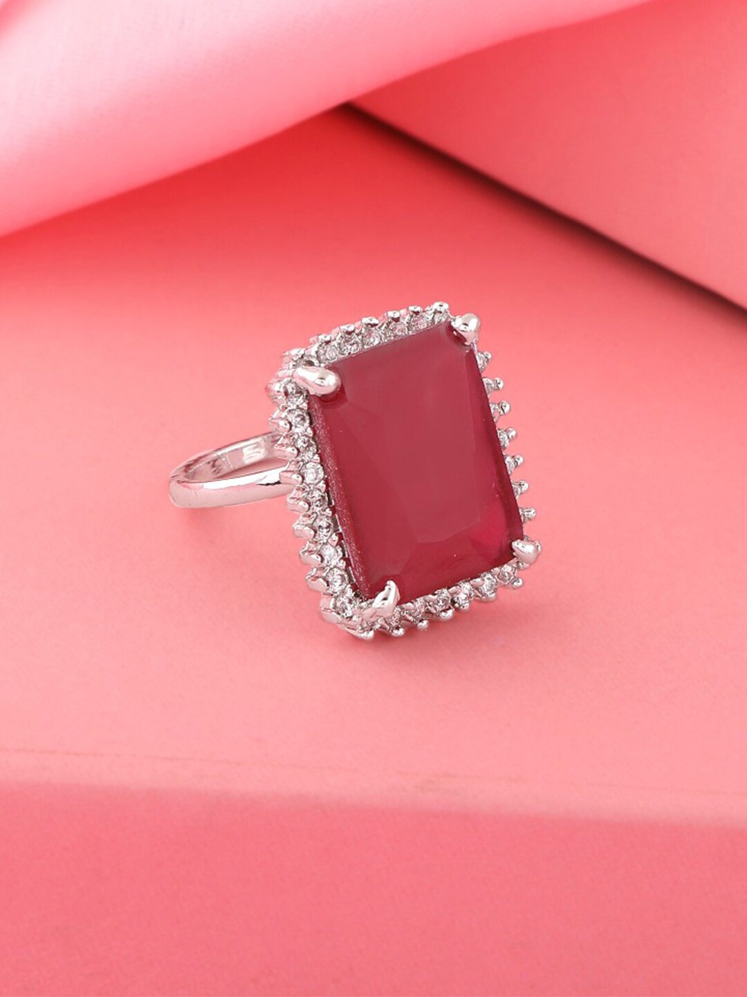 

Estele Rhodium-Plated CZ-Studded Adjustable Finger Ring, Silver
