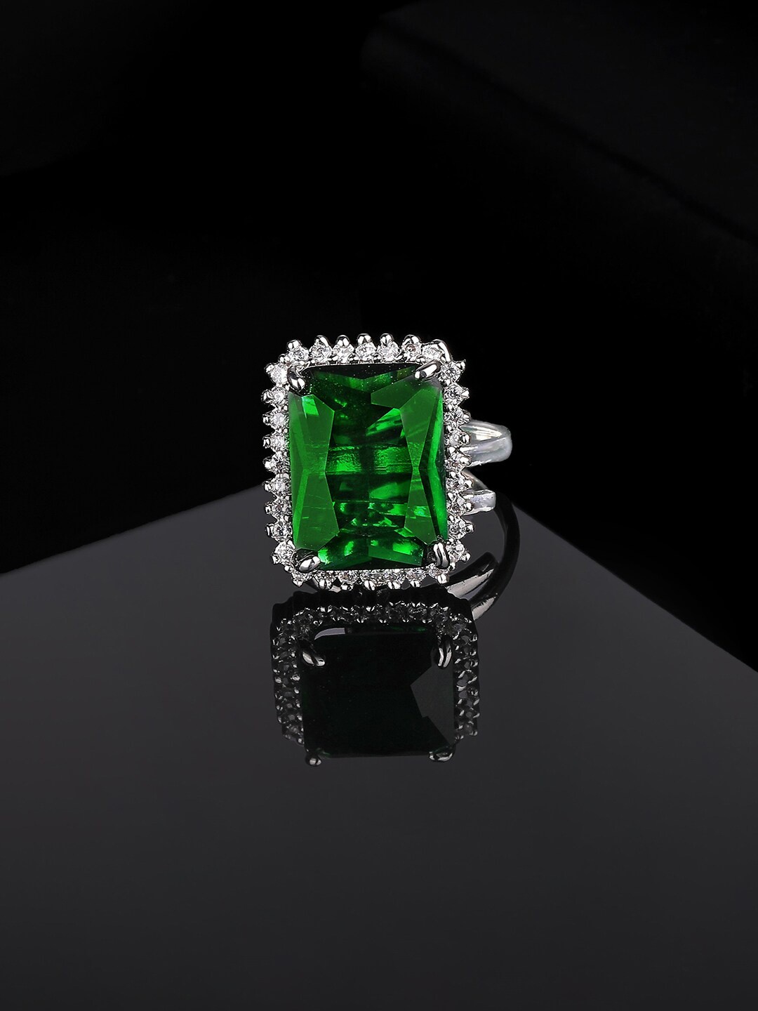 

Estele Rhodium-Plated CZ-Studded Adjustable Finger Ring, Silver