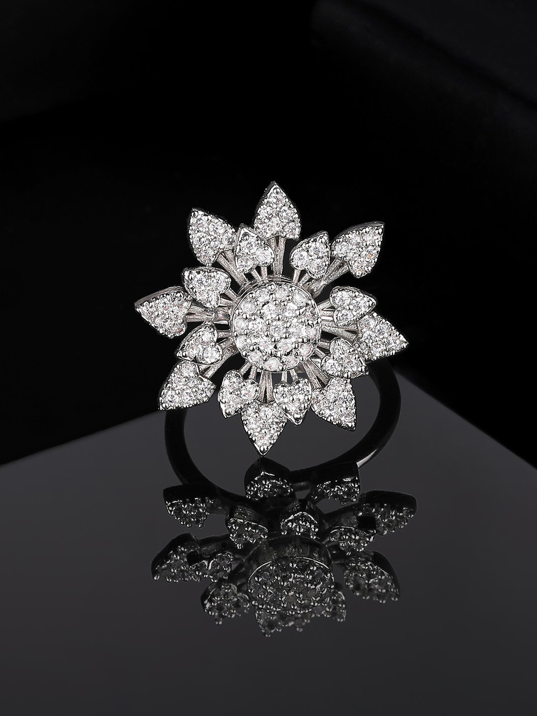

Estele Rhodium-Plated CZ-Studded Adjustable Finger Ring, Silver