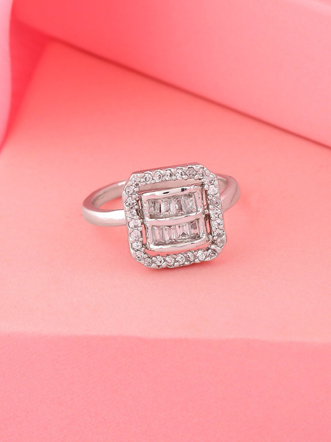 

Estele Rhodium-Plated CZ-Studded Adjustable Finger Ring, Silver