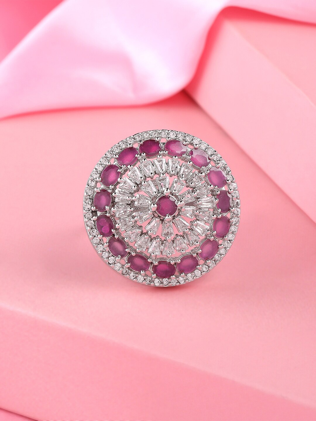 

Estele Rhodium-Plated CZ-Studded Adjustable Finger Ring, Silver
