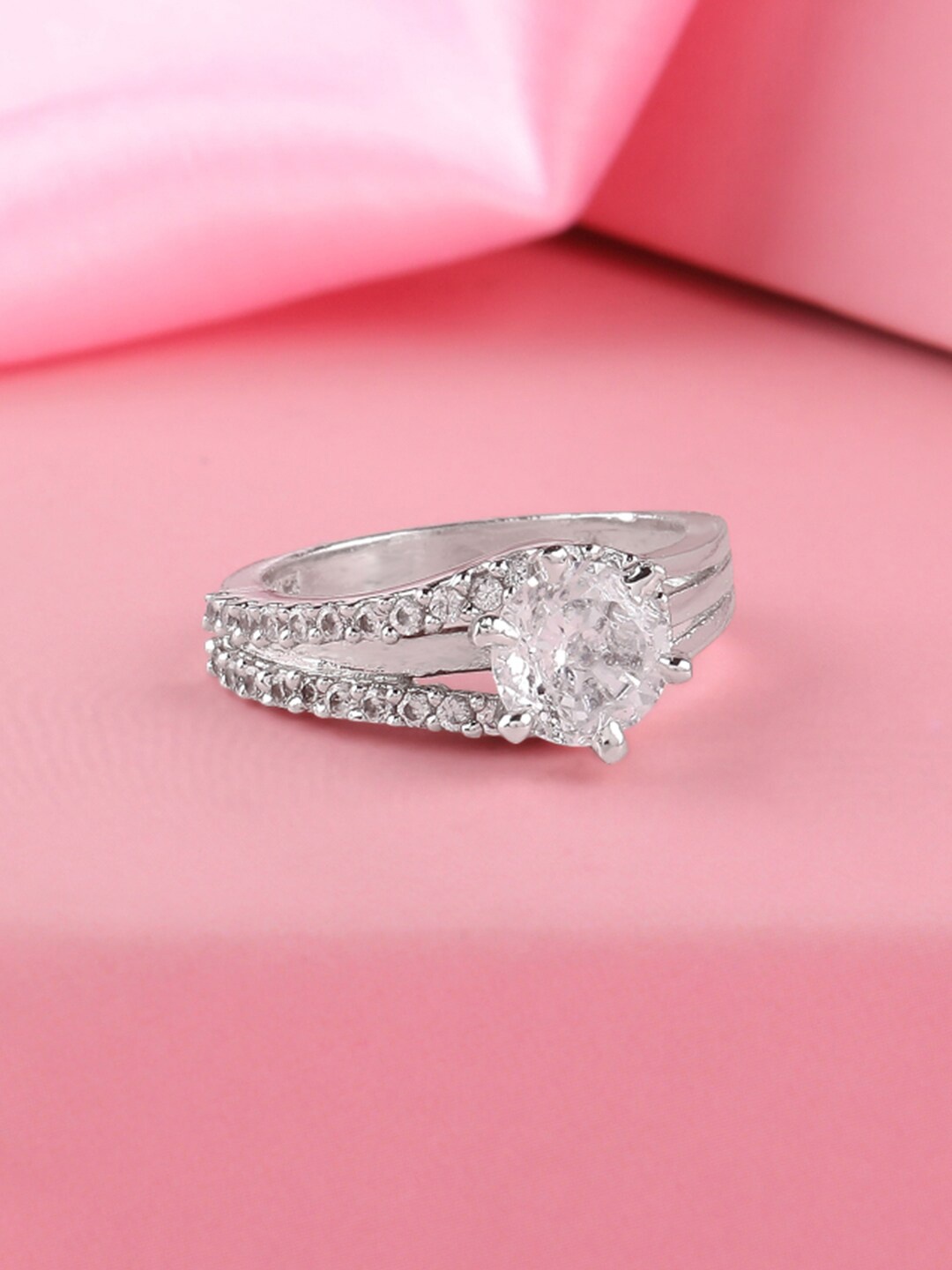 

Estele Rhodium-Plated CZ-Studded Adjustable Finger Ring, Silver