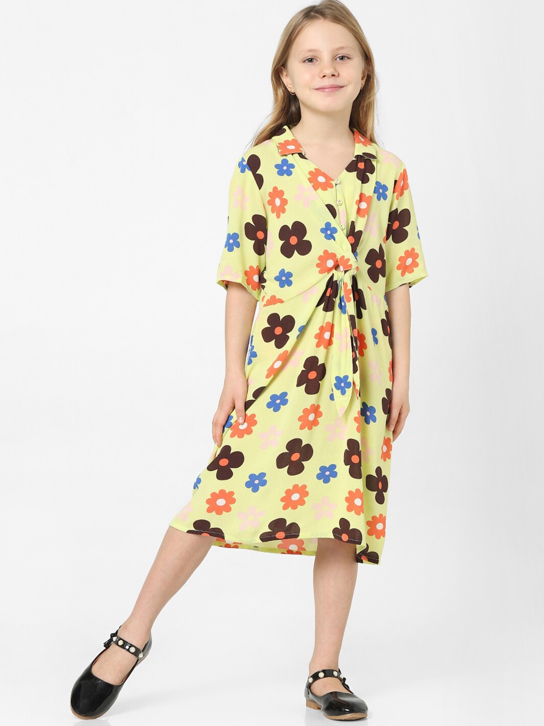 

KIDS ONLY Girls Floral Printed Tie Ups Midi A-Line Dress, Yellow
