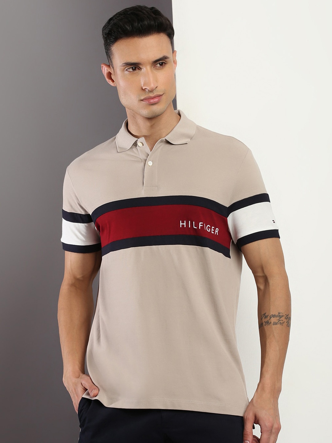 

Tommy Hilfiger Colourblocked Polo Collar Cotton T-shirt, Beige