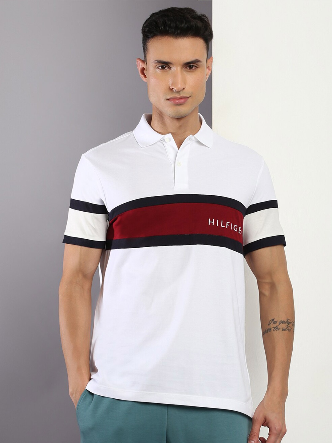 

Tommy Hilfiger Colourblocked Polo Collar Cotton T-shirt, White