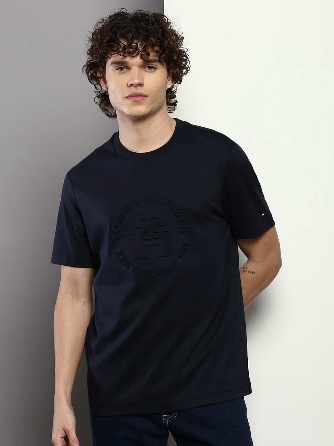 

Tommy Hilfiger Typography Printed Cotton T-shirt, Navy blue