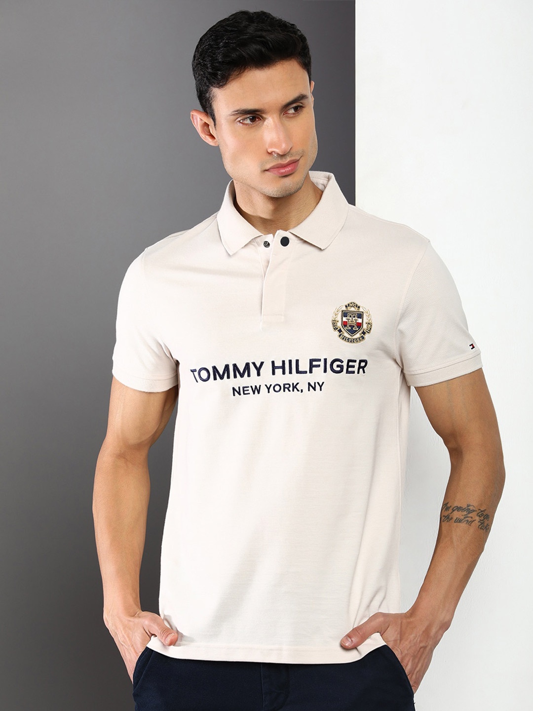 Tommy Hilfiger Typography Printed Polo Collar Slim Fit Cotton T-shirt, Beige