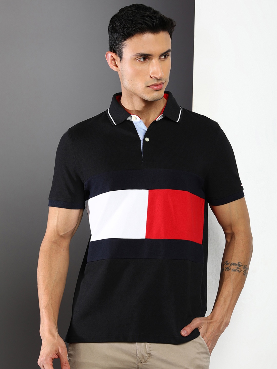 

Tommy Hilfiger Colourblocked Polo Collar Cotton T-shirt, Black